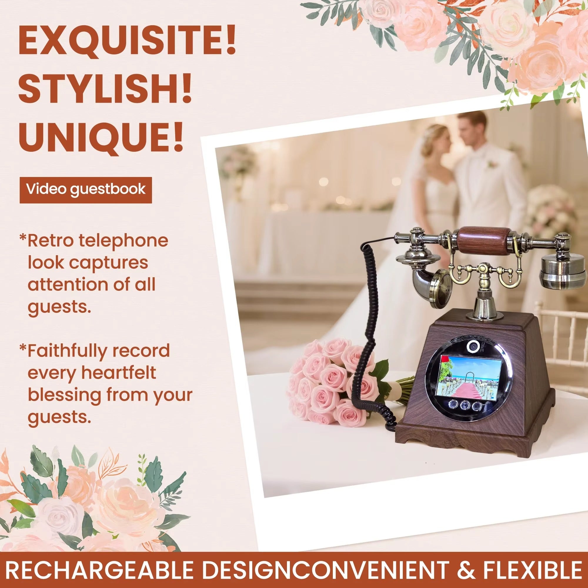 Retro HD 1080P Video Guestbook Phone Guest Video Blessing Telephone for Wedding and Party